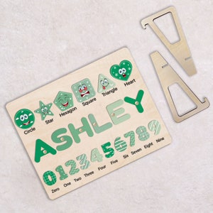 Wooden Name Puzzle With Shapes and Numbers, Personalized Toddler Puzzle, Baby Girl and Boy Montessori Toys, Preschool Puzzle Toys for Kids