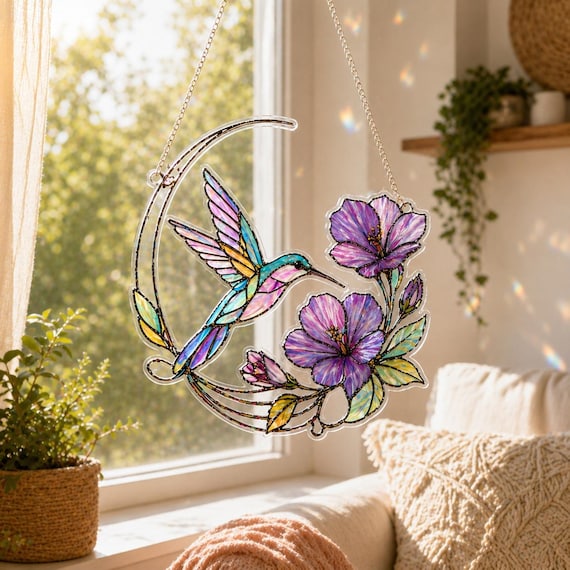 Hummingbird Window Art, Lavender Flower Acrylic Panel, Botanical Suncatcher Decor, Mother’s Day Gift, Floral Acrylic Ornament