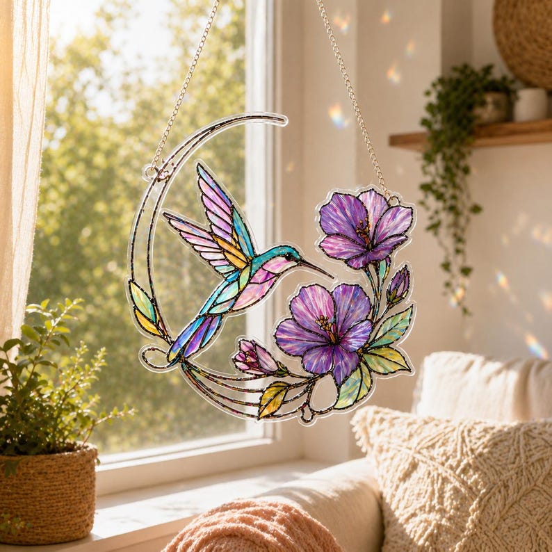 May include: A crescent-shaped suncatcher featuring a stained glass style design of a hummingbird in flight with iridescent blue, pink, and yellow wings, positioned next to two large purple hibiscus flowers and green leaves, suspended by a silver chain.