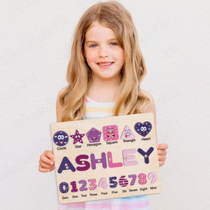 Wooden Personalized Name Puzzle With Shapes and Numbers, Preschool Puzzle Toys for Kids, Toddler Puzzle, Baby Girl and Boy Montessori Toys