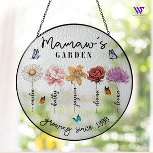 Gepersonaliseerde Mamaw&#39;s Garden glas-in-loodraam, Moederdagcadeau voor oma, aangepaste geboortemaand bloem oma cadeau, cadeau voor Mimi Gigi