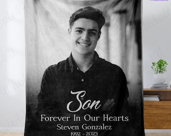 Loss of son memorial blanket with picture, In memory photo blanket, Grief blanket, Sympathy blanket, Forever in Our Hearts Christmas blanket