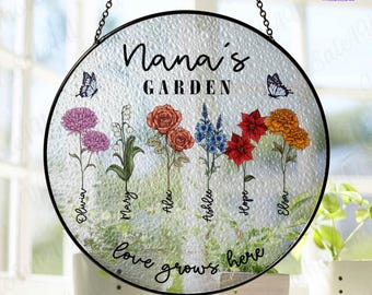 Personalized Nana's Garden Stained Glass Suncatcher, Christmas Gift For Grandma, Custom Birth Month Flower Stain Glass Suncatcher for Mom