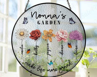 Personalized Nonna's Garden Make Life More Grand Stained Glass Suncatcher, Mothers Day Gift For Nana, Custom Birth Month Flower Grandma Gift