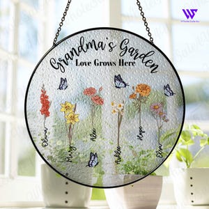 Personalized Grandma&#39;s Garden Stained Glass Suncatcher, Custom Grandkids Birth Month Flower Stained Glass, Mothers Day Gift For Nana