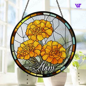 Personalized Birth Flower Stained Glass Suncatcher, Marigold Flowers Stained Glass, Mothers Day Gift for Mom, Birth Month Flower Suncatcher