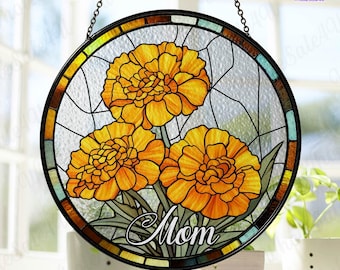 Personalized Birth Flower Stained Glass Suncatcher, Marigold Flowers Stained Glass, Christmas  Gift for Mom, Birth Month Flower Suncatcher