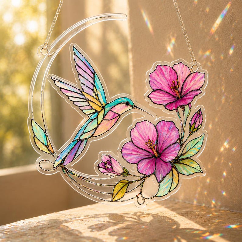May include: A clear acrylic suncatcher featuring a colorful hummingbird in flight alongside vibrant pink hibiscus flowers and green leaves, all arranged in a crescent moon shape. The design includes black outlines and hangs from a silver chain.