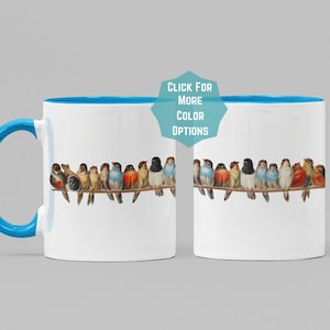 A perch of birds on color-toned mug, bird lover mug, Birb, Cute bird Gift, songbird Lover, bird coffee mug, Vintage bird art, bird nerd,