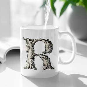 Taza inicial, taza de café con letras, regalo para ella, taza con monograma, taza con letra, regalo para un amigo, taza con alfabeto, taza Cottagecore, amante de la naturaleza