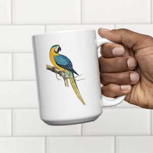 Blue and Gold Macaw on White Mug, Cute Parrot Gift, Bird Lover,Macaw Cup, Gift for Her, Housewarming, Birthday, Pet Parrot, parrot lover