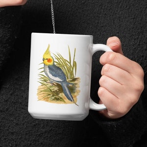 Cockatiel on White mug, Cute Parrot Gift, Bird Lover, Parrot coffee Cup, bird nerd, cockatiel, bird mug, Pet Parrot, Vintage art