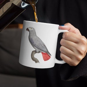 Art gris d&#39;Afrique sur mug blanc, cadeau perroquet mignon, amoureux des oiseaux, tasse perroquet du Congo, cadeau pour elle, pendaison de crémaillère, anniversaire, perroquet de compagnie