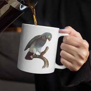 Art gris d&#39;Afrique sur tasse blanche, cadeau perroquet mignon, amoureux des oiseaux, tasse Timneh Grey perroquet, cadeau pour elle, pendaison de crémaillère, anniversaire, perroquet de compagnie