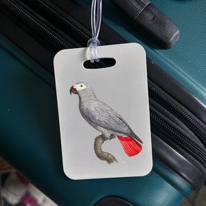 African Grey Luggage Bag Tag, Bird travel tag, Birb, parrot love, Vacation accessory, backpack tag, bird suitcase tag, African Gray