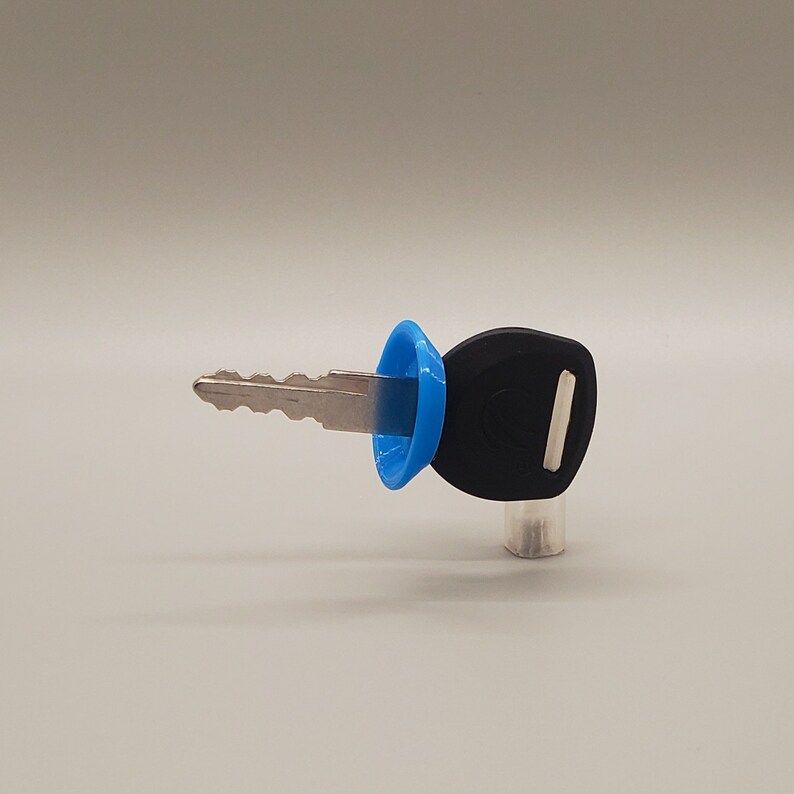 Pu&ograve; includere: Una chiave nera con un anello di plastica blu attorno al foro della chiave. La chiave &egrave; su una superficie bianca.