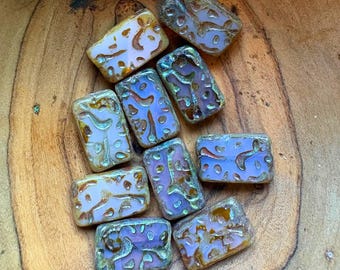 Contas retangulares de vidro checo gravadas, 18 x 12 mm, estilo Villa Italiana, lapidação em mesa, 10 peças.