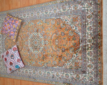4x6 Oriental Rug, Handmade Silk Rug, Persian Carpet, Living Room Rug, Silk and Wool Rug, Bedroom Rug