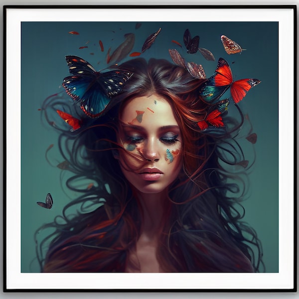 PRINTABLE Beautiful powerful woman with butterfly's in her hair I Wall art digital download