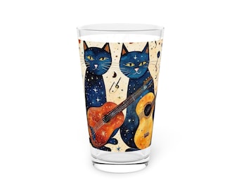 2 Blue Cats Playing Guitar Pint Glass, 16oz