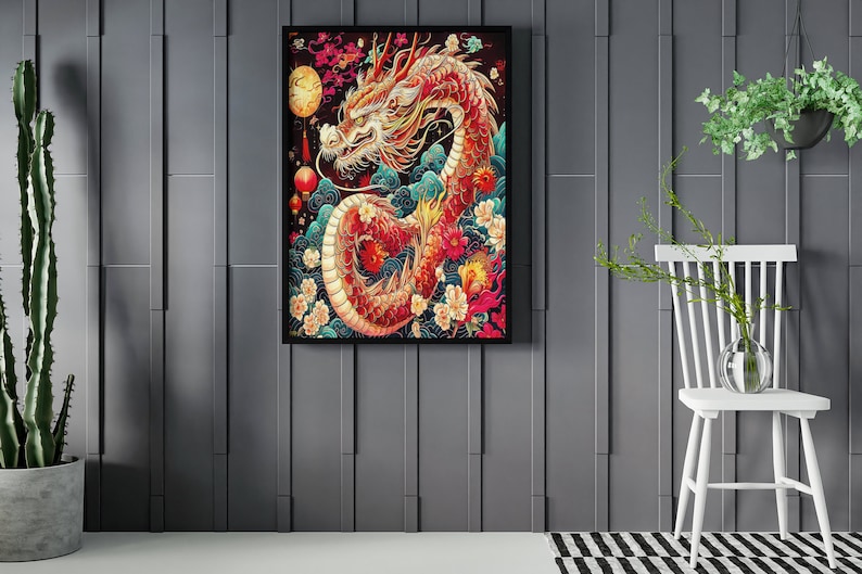 Chinese Red Dragon Art, Dragon Poster, Chinese New Year, Dragon Painting, Dragon Bathroom Poster