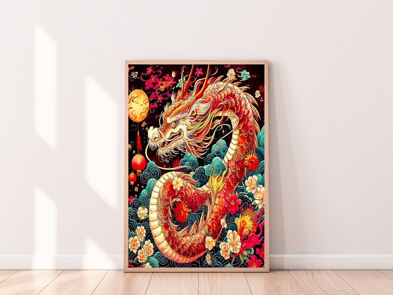 Chinese Red Dragon Art, Dragon Poster, Chinese New Year, Dragon Painting, Dragon Bathroom Poster