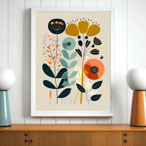 Boho Botanische Wandkunst, Bunte Wandkunst, Mid Century Modern Poster, Botanischer Druck, MCM Dekor, Digitale Wandkunst, Druckbare botanische Kunst