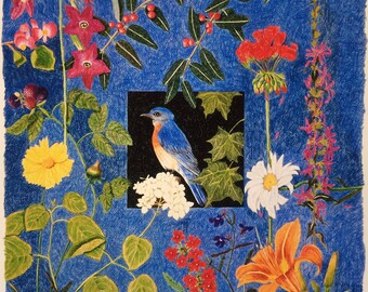 Poster nach einer Originalzeichnung von Pflanzen und einem Vogel in meinem Garten Im Juli, Im September