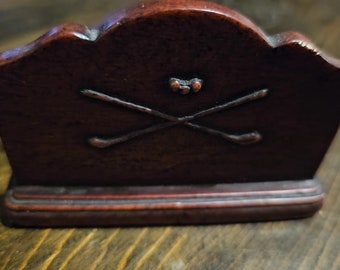 Porta-papel de madeira Vtg com enfeites de golfe.