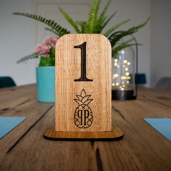 Oak Custom Table Numbers with logo • Restaurant ware •  Wood Table Number signs for bars & cafes.