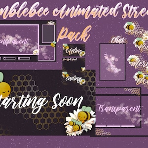 Puede incluir: Un paquete de superposición de transmisión animada morado y dorado con un fondo de panal y una abeja de dibujos animados. El paquete incluye pantallas de inicio, fuera de línea, finalización, chat, sobre mí, reglas, mercancía y donaciones.