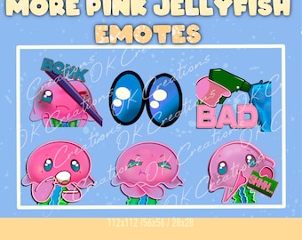 Può includere: Grafica di arte digitale con diverse emoticon di meduse rosa con varie espressioni. Le emoticon includono fumetti con parole come "BONK" e "BAD", e un cartello "SHHH...". Lo sfondo è azzurro con puntini bianchi.