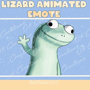 May include: Animated lizard emote with a light green body, large white eyes, and a friendly wave. The text "LIZARD ANIMATED EMOTE" is at the top. The background is light blue with white speckles and a white border. The dimensions are 28x28, 56x56, and 12x12 pixels.