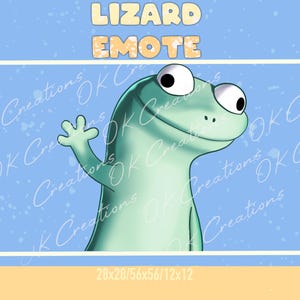 May include: A cartoon lizard with large eyes and a friendly expression, waving its hand. The words "Lizard Emote" are above the lizard. The background is light blue with white speckles and a white border.