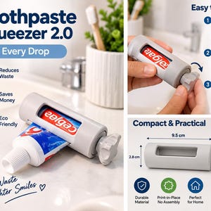 May include: A light grey plastic toothpaste squeezer 2.0 with a rotating knob. The device features a cylindrical body with a slot for a tube, measuring 9.5 cm by 2.8 cm by 3.2 cm. Text on the image includes Toothpaste Squeezer 2.0, Get Every Drop, and Less Waste Brighter Smiles.