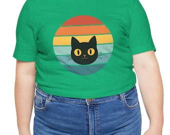 Svart katt solnedgång t-shirt | Retro kattälskare present | Groovy söt katt grafisk t-shirt | Vintage solnedgång estetik