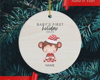 Baby's First Holiday Ornament Personalized New Baby Gift Custom Baby Ornament Baby Shower Gift (G - Monkey)