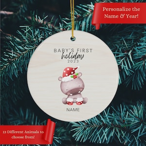 Baby&#39;s First Holiday Ornament Personalized New Baby Gift Custom Baby Ornament Baby Shower Gift (E - Hippo)