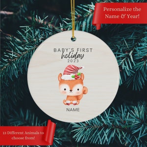 Baby&#39;s First Holiday Ornament Personalized New Baby Gift Custom Baby Ornament Baby Shower Gift (L - Squirrel)