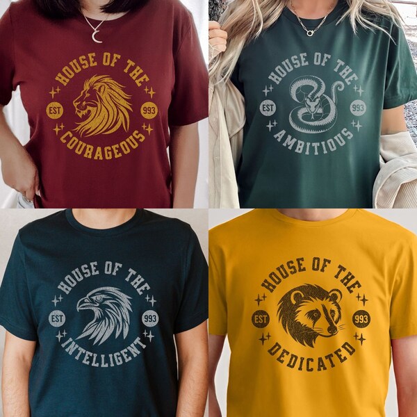 Wizard House Shirts, Wizarding School, Sorting, Lion, Badger, Eagle, Snake, Magic, Puff, Raven, Gryff, Slyth, House Colors