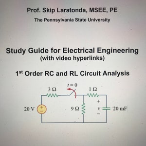Op de afbeelding: Een schema van een RC-circuit met een 20 volt bron, een 3 ohm weerstand, een 9 ohm weerstand, een 1 ohm weerstand en een 20 millifarad condensator. Het circuit is gelabeld met de vergelijking t=0.