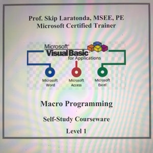 Pode incluir: Um ecrã de computador a mostrar um anúncio de um curso de auto-estudo de programação de macros do Microsoft Visual Basic for Applications. O curso é lecionado pelo Prof. Skip Laratonda, MSEE, PE, um formador certificado da Microsoft. O material do curso é do nível 1 e abrange o Microsoft Word, Access e Excel.