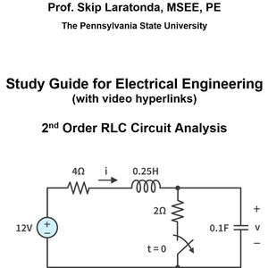 May include: A diagram of a second-order RLC circuit with a 12V voltage source, a 4 ohm resistor, a 0.25 henry inductor, a 2 ohm resistor, and a 0.1 farad capacitor. The circuit is labelled with the current direction and the time t=0.