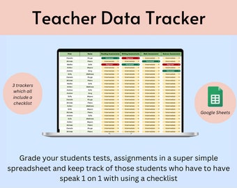 May include: A laptop screen displaying a Google Sheets spreadsheet with the title "Teacher Data Tracker". The spreadsheet has columns for student names, reading assessments, writing assessments, math assessments, and science assessments. The spreadsheet is used to track student progress and identify students who need extra help.