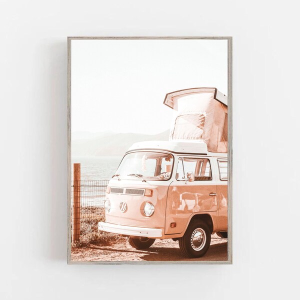 Beach Print  VW Pink Camper Van Surf Poster  Retro Van Print  Coastal California| Wall Art Surfing Poster | Pink Wall Art