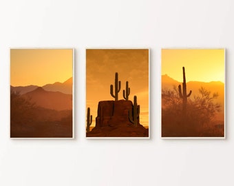 Desert Sunset Wall Art Large Cactus  Set of 3 Prints  Sunset wall art Arizona Desert Art Photography Printable Poster INSTANT Download