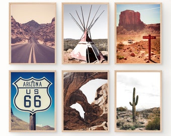 Route 66 Desert Print Set of 6 Arizona Wall Art Cactus Wall Art Boho Desert Art Print Nature Gallery Wall Set Mountain Wall Art Printable