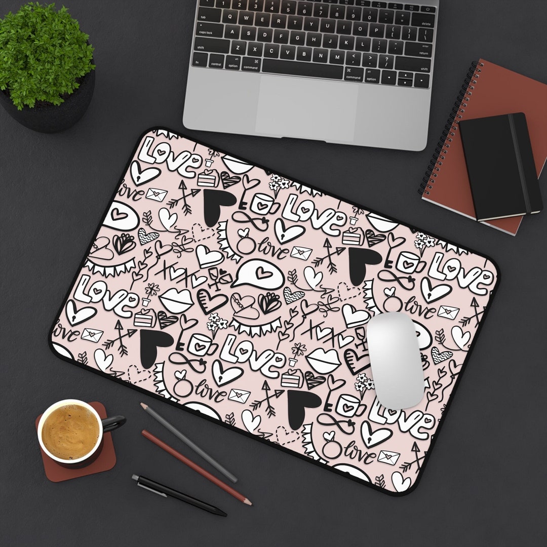 Pink Love Computer Mat Pink Love Doodle Desk Mat 12 in X 18 in Valentines Desk Decor Fun Love ...