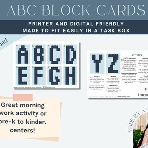 May include: Printable alphabet block cards for preschool or kindergarten. The cards feature the letters A-Z in a block style. The cards are designed to fit in a task box. The image also includes a photo of a therapist and the text "OT Tips!" with a list of tips for using the cards.