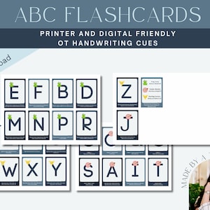 Puede incluir: Un conjunto de tarjetas de memoria del alfabeto imprimibles con indicaciones de escritura a mano para niños. Las tarjetas de memoria presentan un fondo azul con una letra blanca y una pequeña imagen de una rana, un caracol o un pájaro. El texto "ABC FLASHCARDS" está en la parte superior de la imagen. El texto "PRINTER AND DIGITAL FRIENDLY OT HANDWRITING CUES" está debajo del título. El texto "Instant Download" está en la esquina superior izquierda de la imagen.